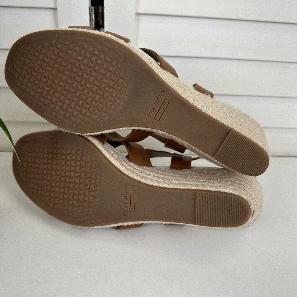 Cole Haan Grand 360 Crystal Espadrille Wedge Sandals Brown Leather Shoes Size 8B